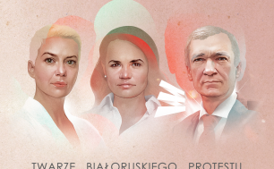 Napis Twarze Białoruskiego Protestu - nad napisem malowane trzy twarze, dwie kobiece, jedna męska